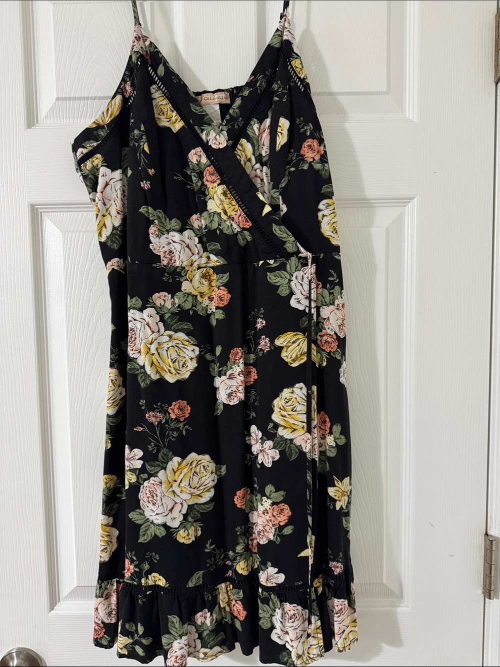 Boho Floral Wrap-Style Sundress - Black with Yellow & Pink Roses